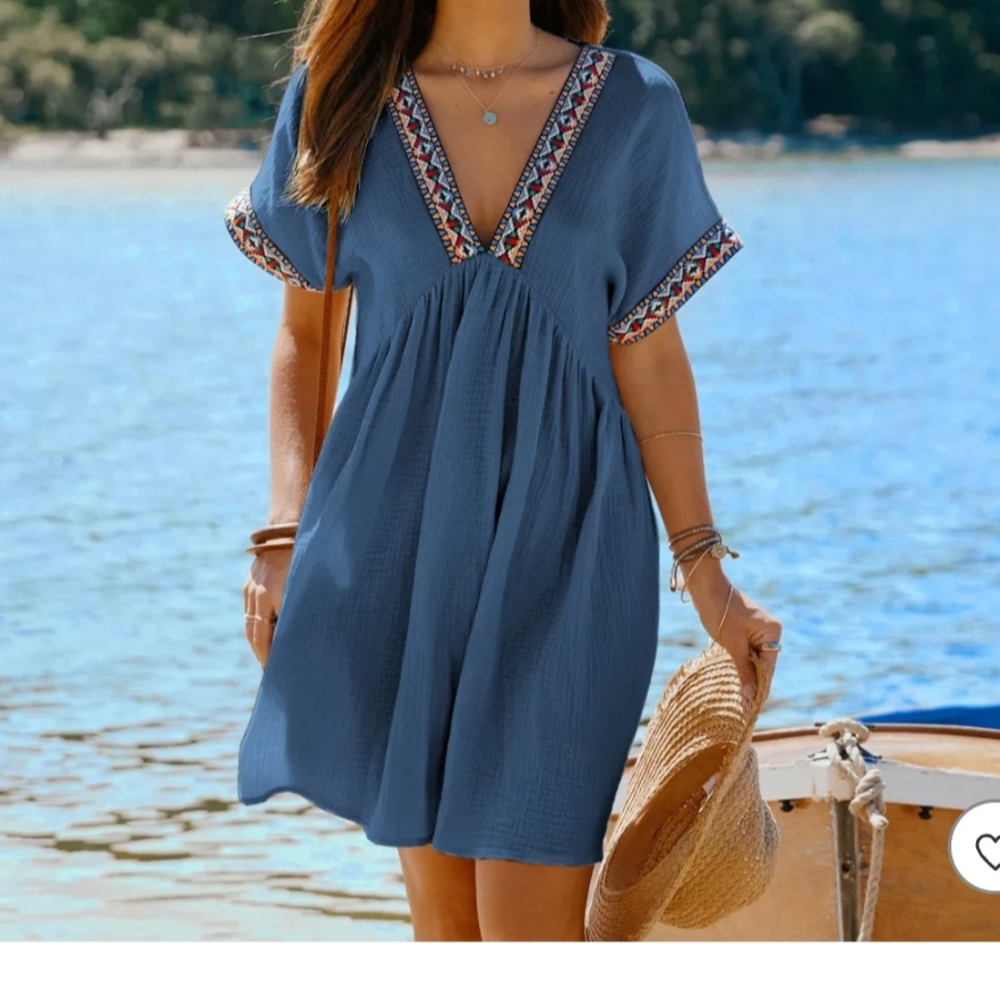 Blue V-Neck Swim Cover-Up